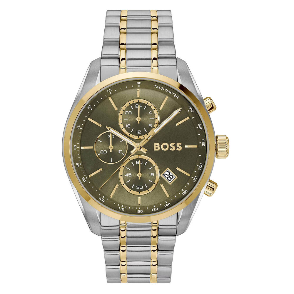 BOSS Grand Prix 44mm Green Chronograph Dial Two Tone Steel Bracelet Watch image number 0