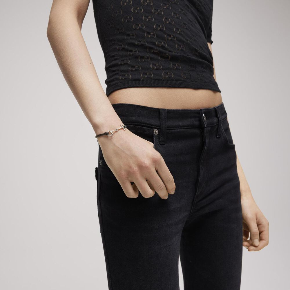 Gucci Staffa Black Leather Cord Sterling Silver Charm Bracelet