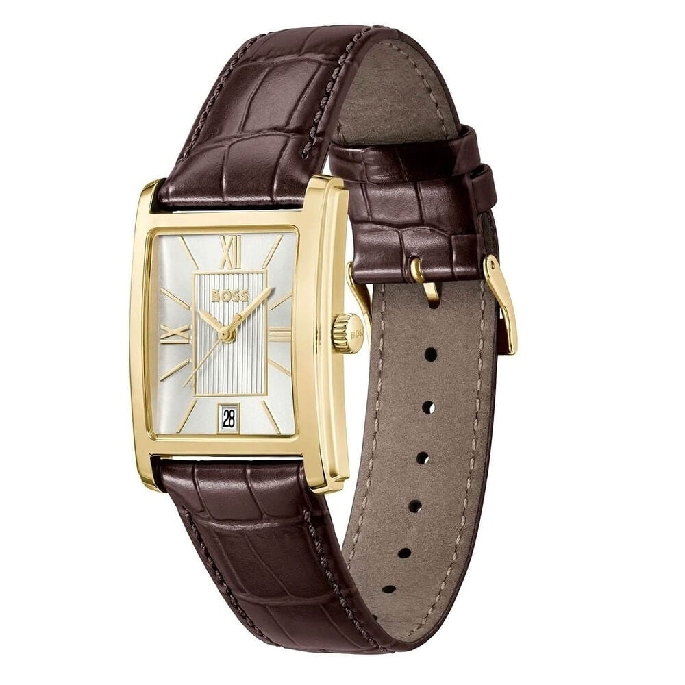 BOSS Principle Dress 28x39mm Silver Dial Gold Tone Steel Case Brown Leather Strap Watch image number 1