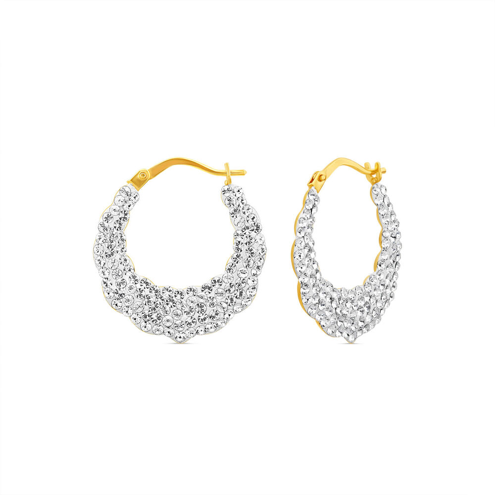 9ct Yellow Gold Two Colour Crystalique Heart Creole Hoop Earrings image number 0