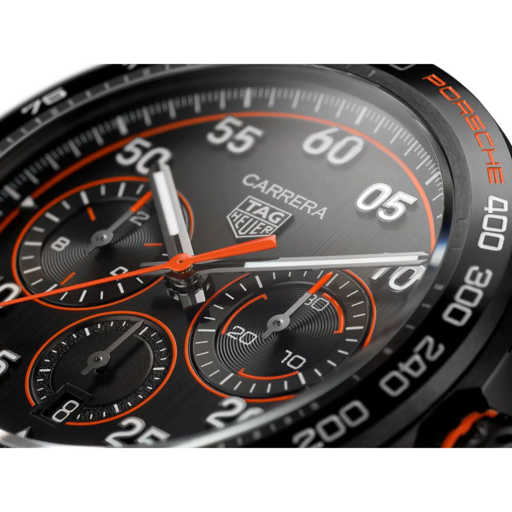 TAG Heuer Carrera Chronograph x Porsche Orange Racing 44mm Black Dial Leather Strap Watch image number 2