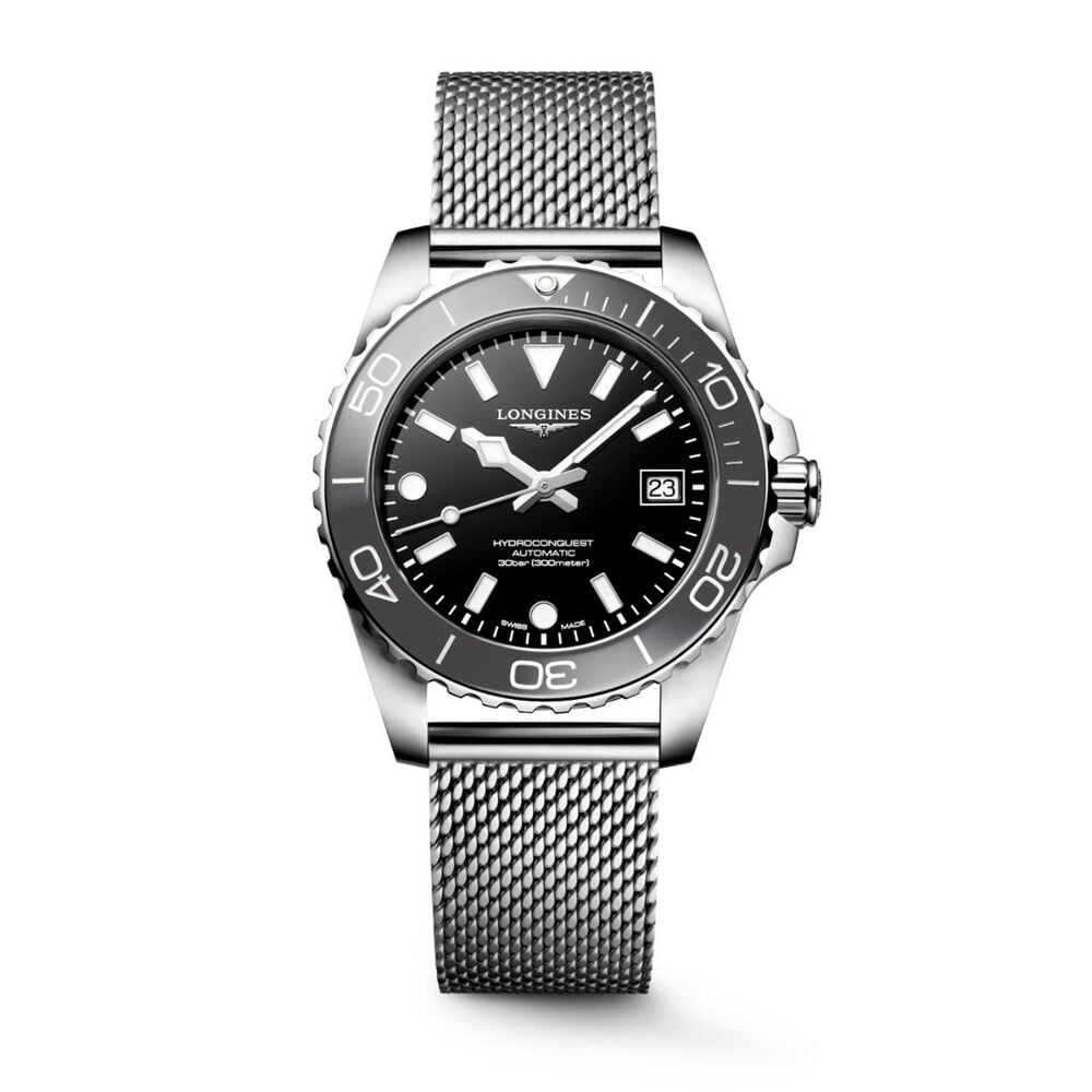 Longines HydroConquest 39mm Black Dial & Bezel Steel Mesh Bracelet Watch