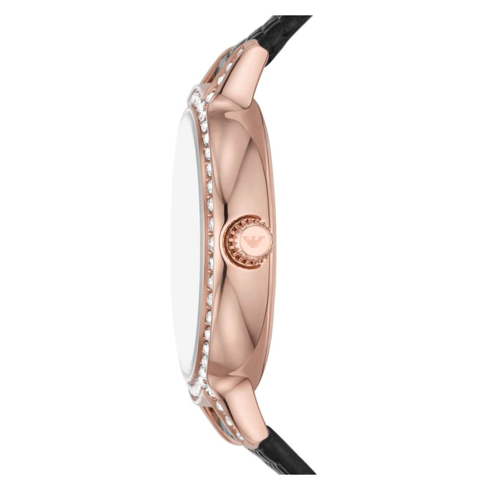 Emporio Armani Cleo 32mm Cubic Zirconia Rose Gold Case Black Leather Watch image number 1
