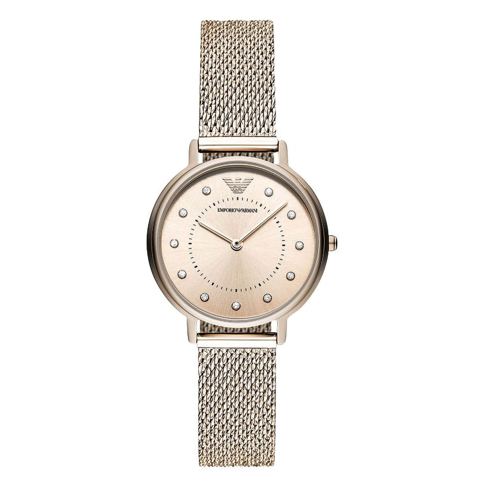 Emporio Armani Kappa Rose Crystal Dial Rose Gold Plated Mesh Bracelet