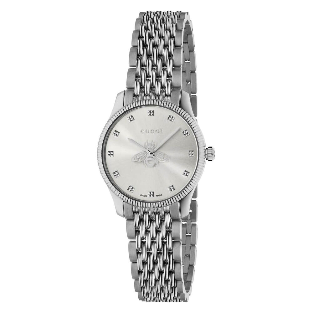 Gucci G-Timeless 29mm Silver Dial Bee Detail Steel Case Bracelet Watch image number 0