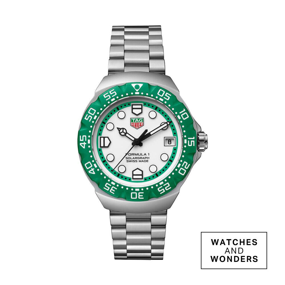 TAG Heuer Formula 1 Solargraph 38mm White Dial Green Bezel Steel Bracelet Watch