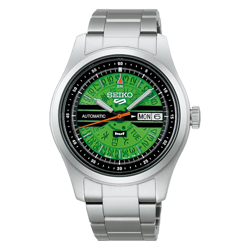 Seiko 5 Sports x HUF II Limited Edition Collaboration 39.4mm Green Dial Steel Bracelet Watch