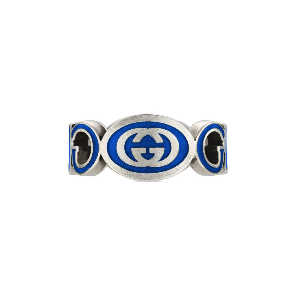 Gucci Interlocking Blue Logo Sterling Silver Band Ring (UK Size T - U) image number 1