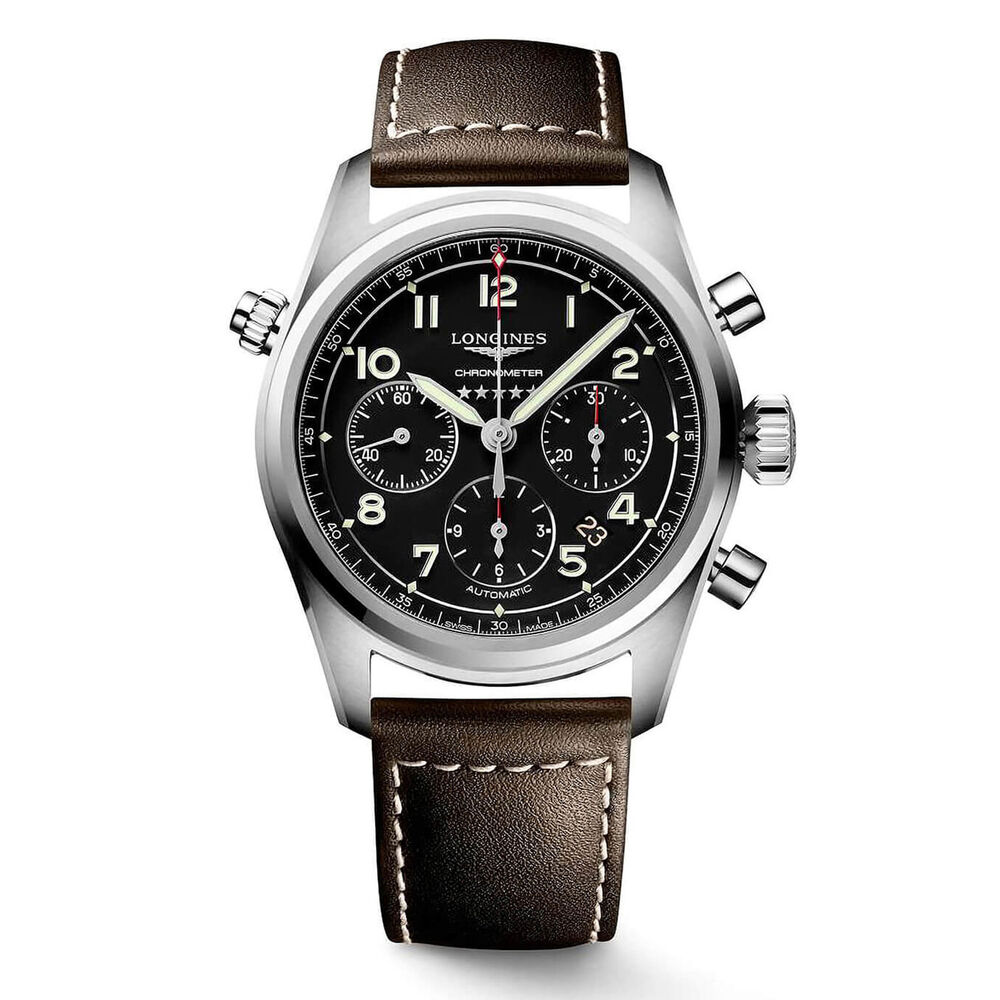 Longines Avigation Spirit 42mm Black Steel Case Brown Strap Watch
