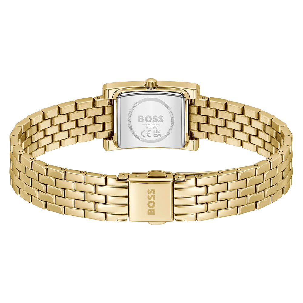 BOSS Lucy Precious 18x28mm Rectangular Silver Dial Crystal Bezel Gold Tone Steel Bracelet Watch image number 3