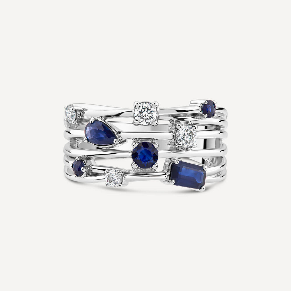 9ct White Gold Mixed Cuts Sapphire & 0.25ct Diamond Four Strands Ring