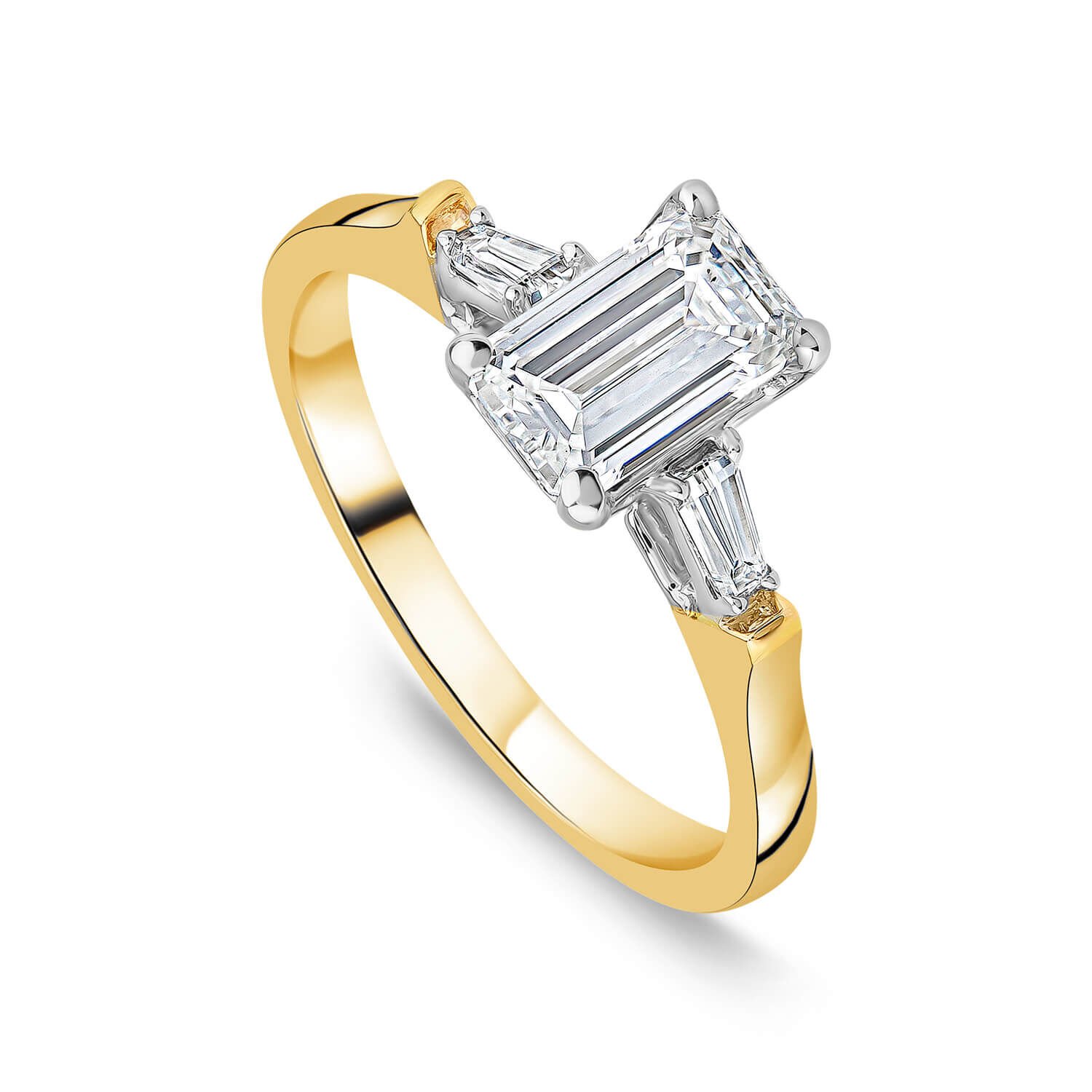 Born 18ct Yellow Gold 1.38ct Lab Grown Emerald Cut Baguette Diamond Sides Ring