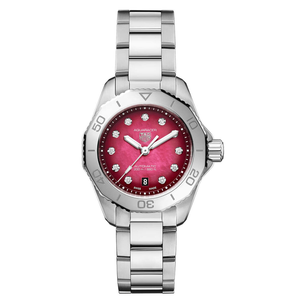 TAG Heuer Aquaracer Professional 200 Date 30mm Red MOP Dial Diamond Dots Steel Bracelet Watch image number 0