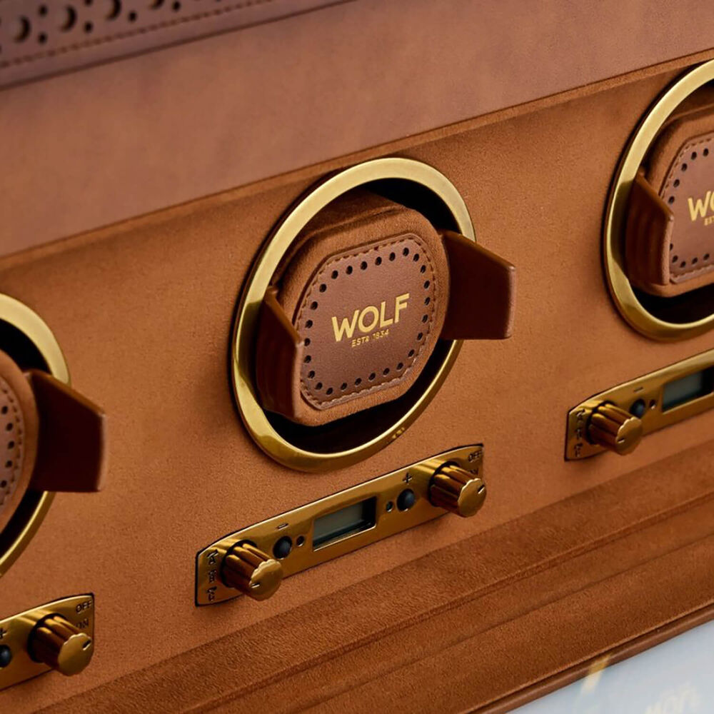 WOLF Brogue Burnished Brown Triple Watch Winder With Storage