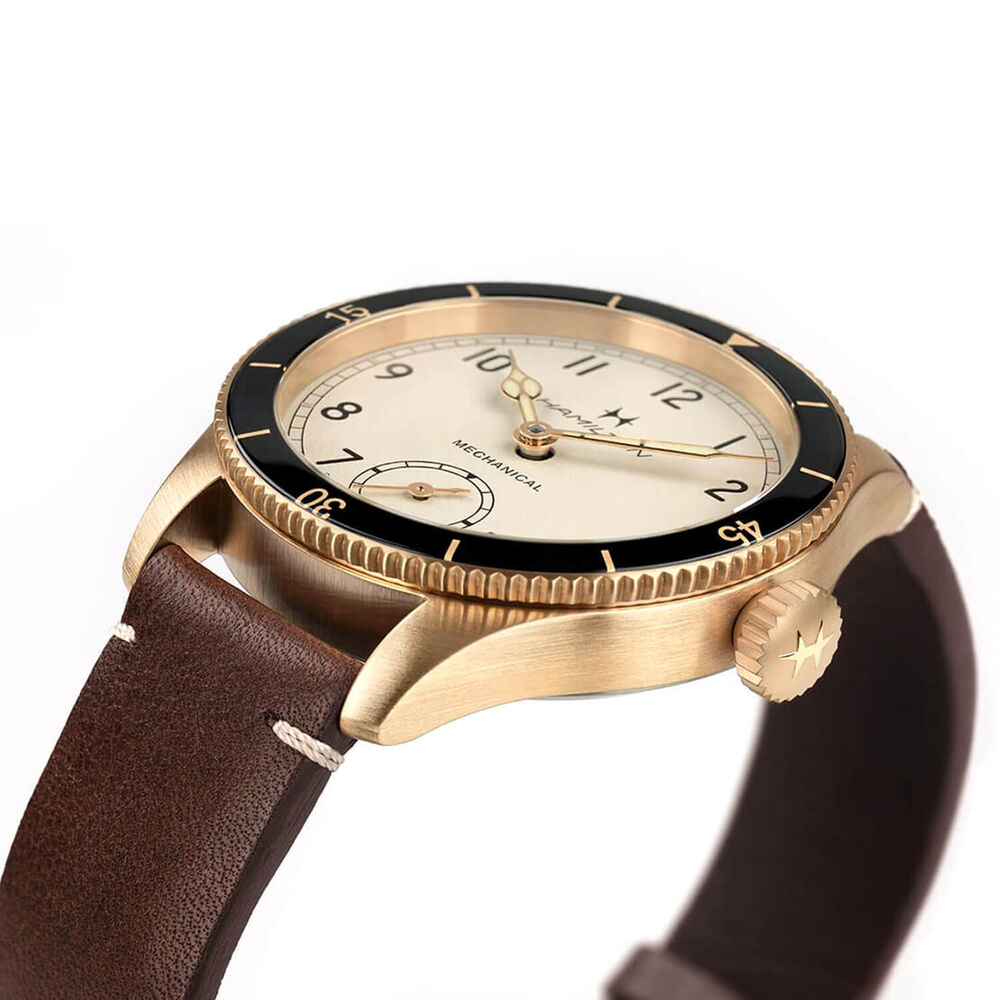 Khaki Aviation Pilot Pioneer Mechanical Bronze 43mm White Dial Brown Leather Strap Watch image number 2