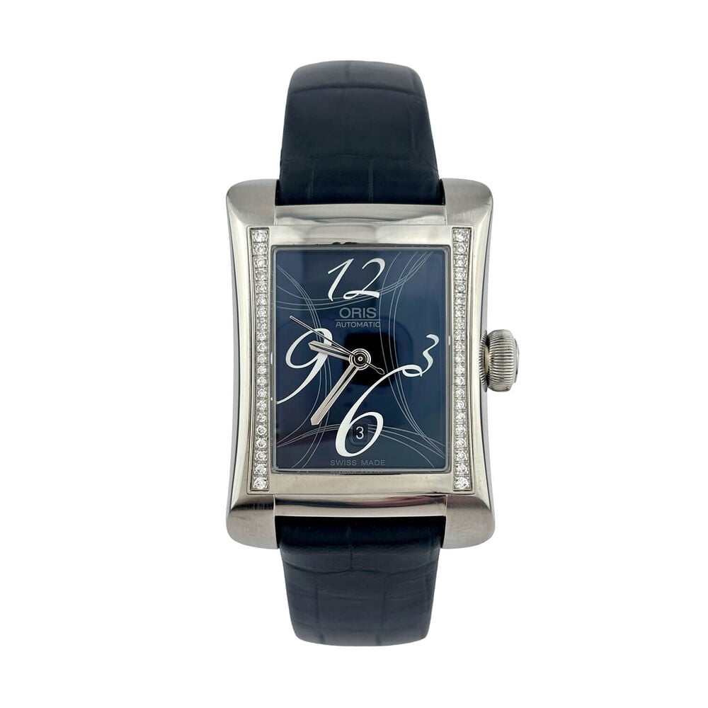 Pre-Owned Oris Rectangular Date Diamonds 25.9x37mm Black Dial Leather Strap Watch image number 0