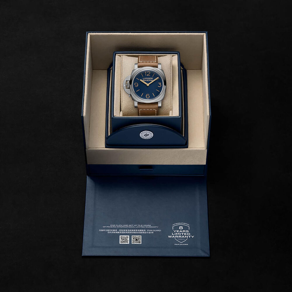 Panerai Luminor Destro 44mm Blue Dial Light Brown Leather Strap Watch