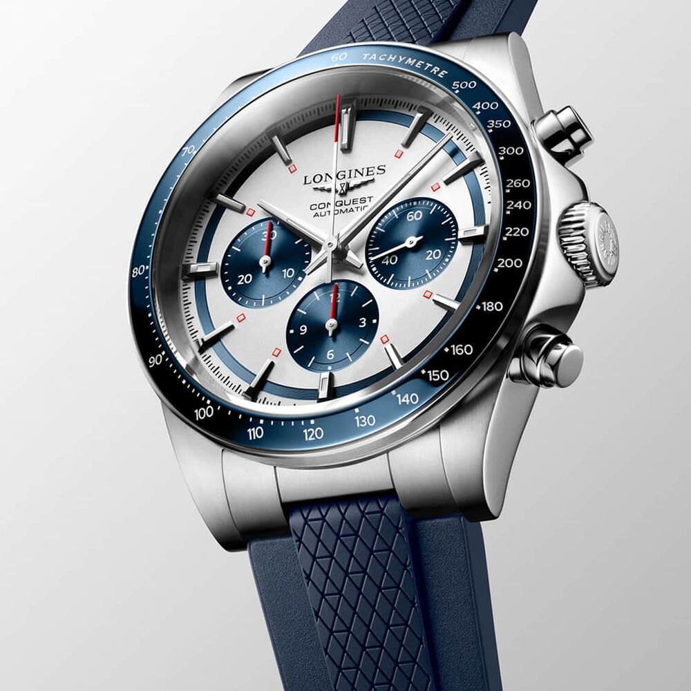 Longines Conquest Chronograph 42mm Silver Dial Blue Rubber Strap Watch image number 1