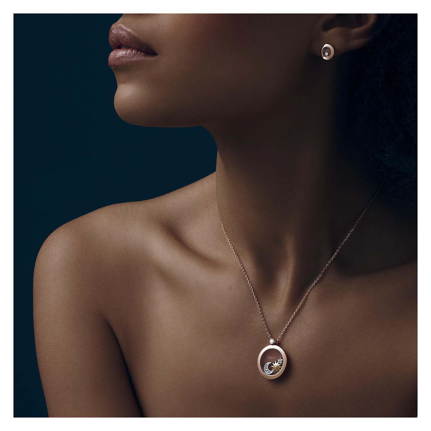 Chopard Happy Sun Moon Stars Rose Gold Diamond Necklace