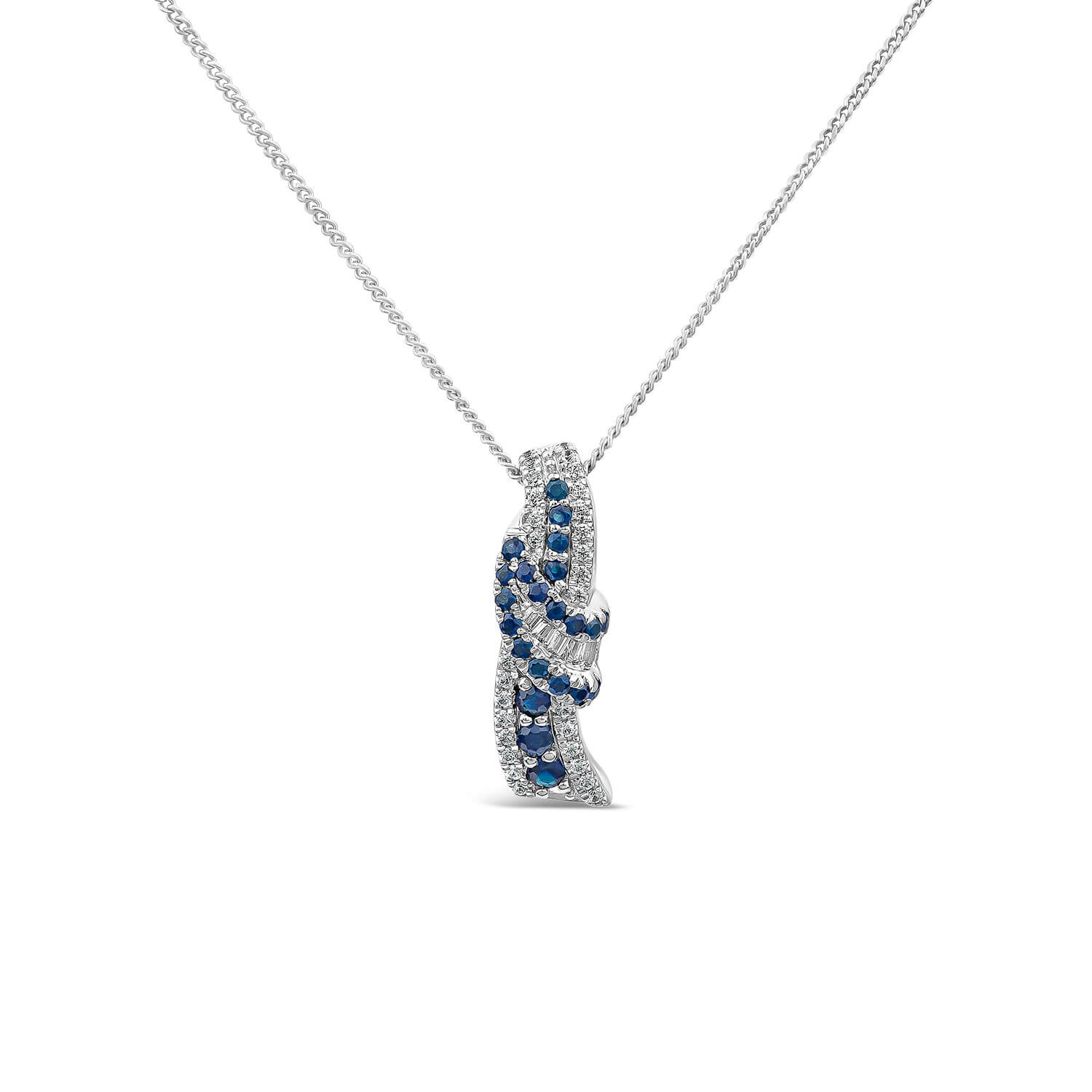 9ct White Gold Sapphire 0.13ct Diamond Centre Wave Pendant