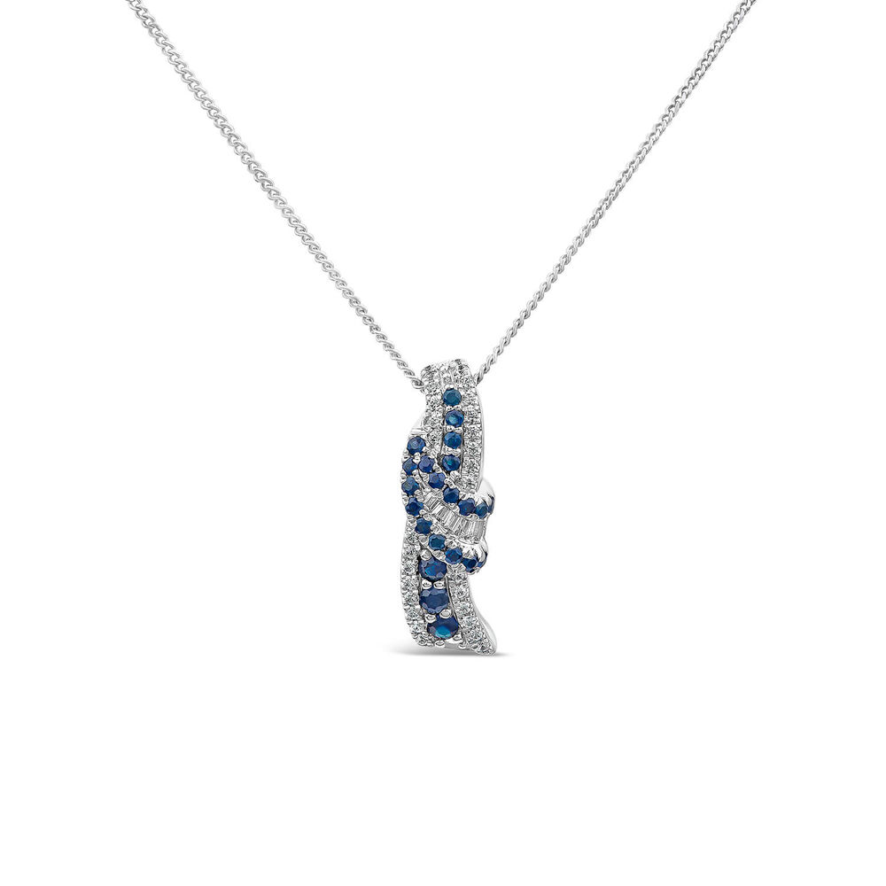 9ct White Gold Sapphire & 0.13ct Diamond Baguette Centre Wave Pendant