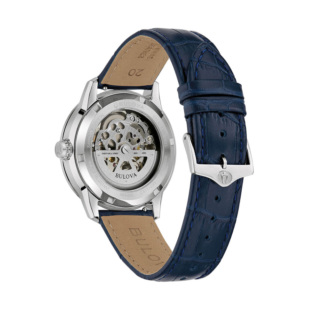 Bulova Sutton Automatic 40mm Silver Skeleton Dial Blue Leather Strap Watch