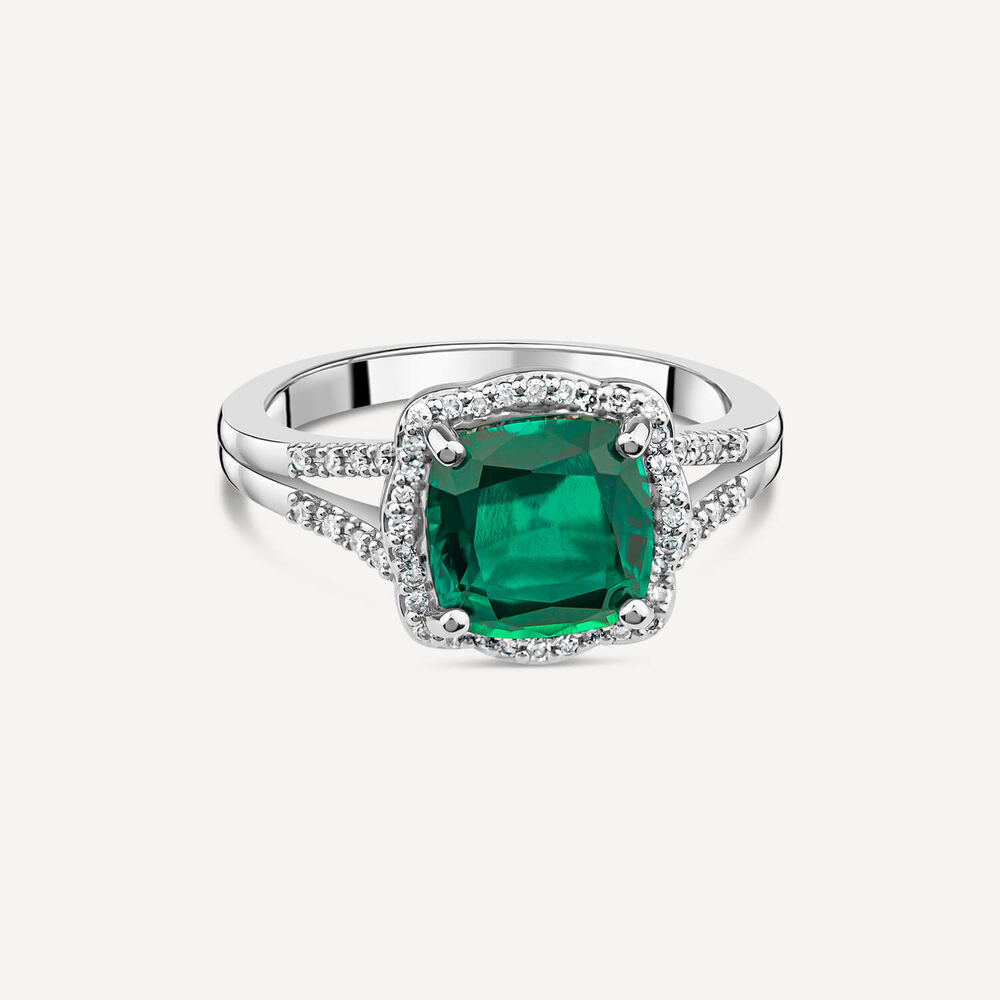 9ct White Gold 0.15ct Diamond and Created Emerald Cushion Halo Ring image number 2