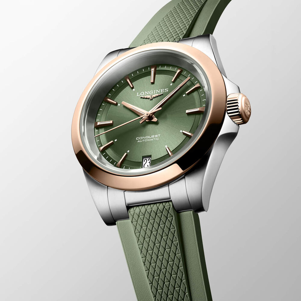Longines Conquest 34mm Green Dial Pink Gold Case Rubber Strap Watch image number 1