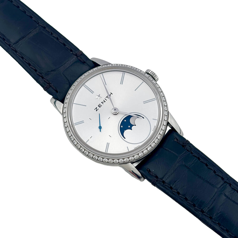 Pre-Owned Zenith Elite Lady Moonphase 33mm Silver Dial Diamond Bezel Leather Strap Watch