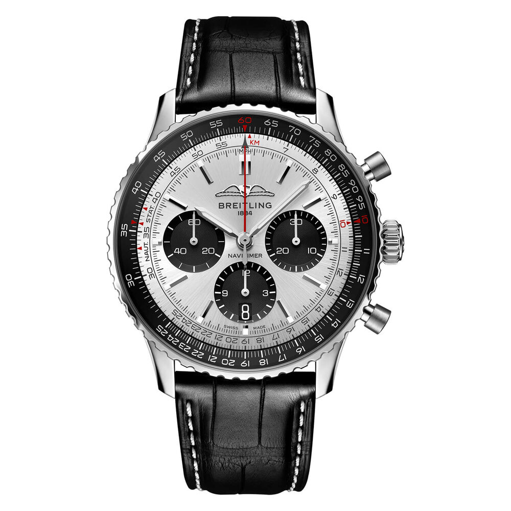 Breitling Navitimer B01 Chronograph 43 Silver Dial Black Details Black Strap Watch