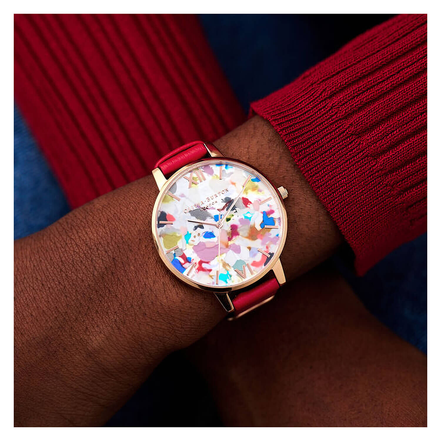 Olivia Burton 30mm Red Leather Rose Gold Strap Set Watch
