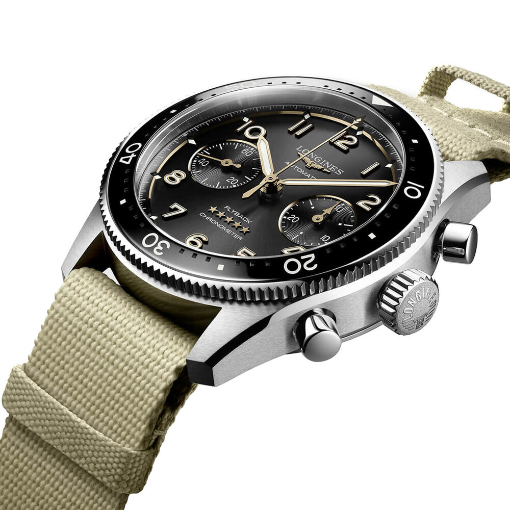 Longines Spirit Flyback 42mm Black Chronograph Dial Beige Strap Watch image number 5