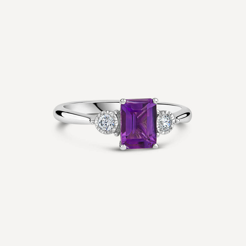 9ct White Gold Princess Cut Amethyst 0.12ct Diamond Sides Ring image number 2