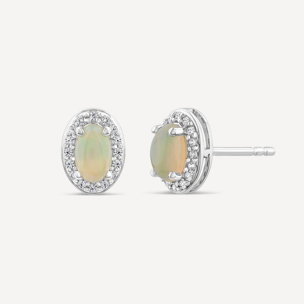 9ct White Gold Oval Opal & 0.10ct Diamond Halo Stud Earrings image number 1