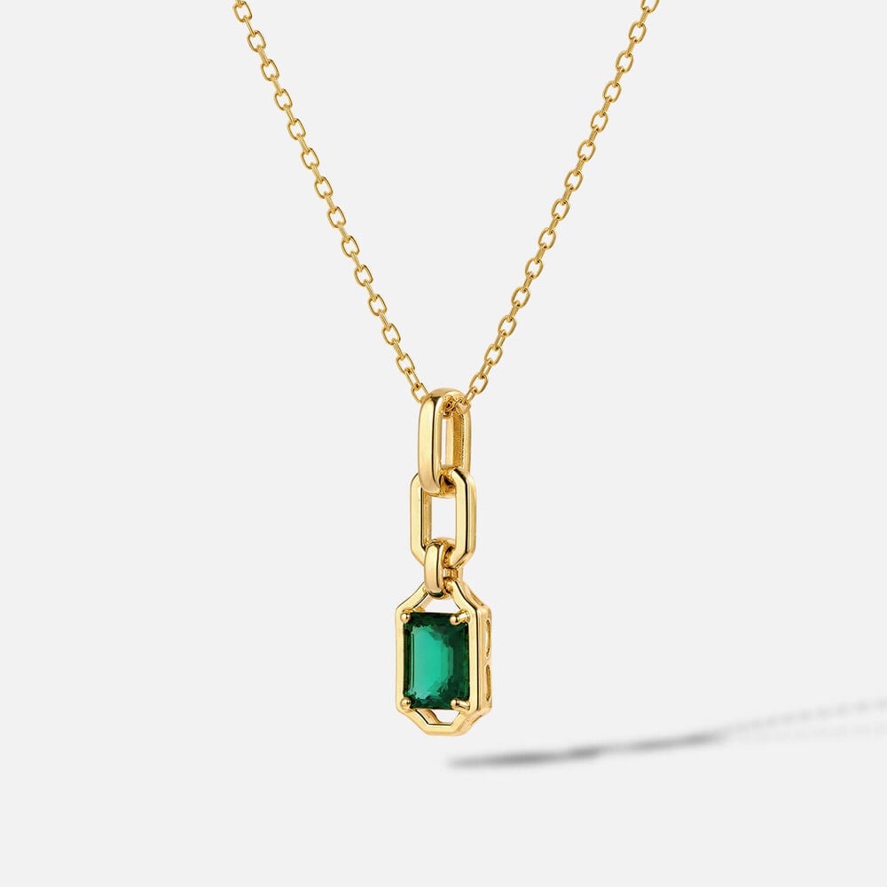 Yellow Gold Plated Vermeil Sterling Silver Created Emerald Rectangular Link Pendant