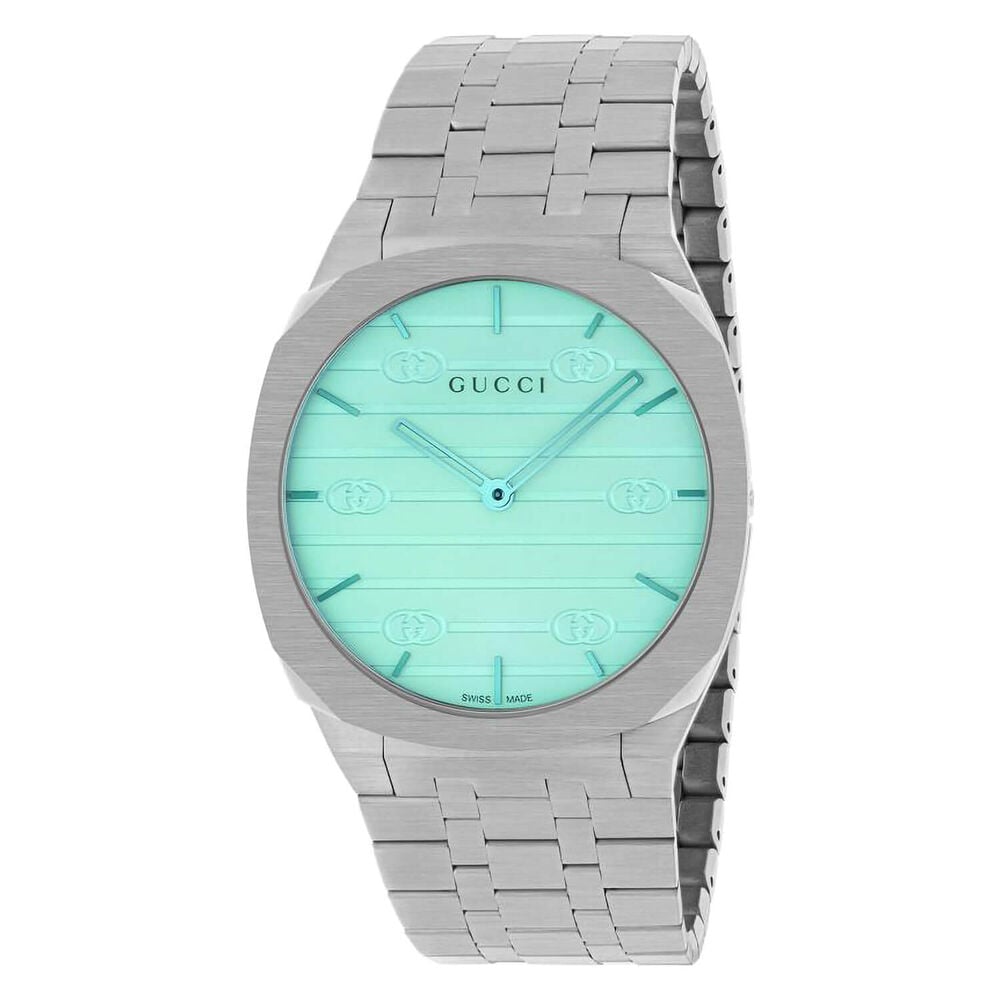 Gucci 25H 38mm White Dial Ocean Blue Glass Steel Bracelet Watch