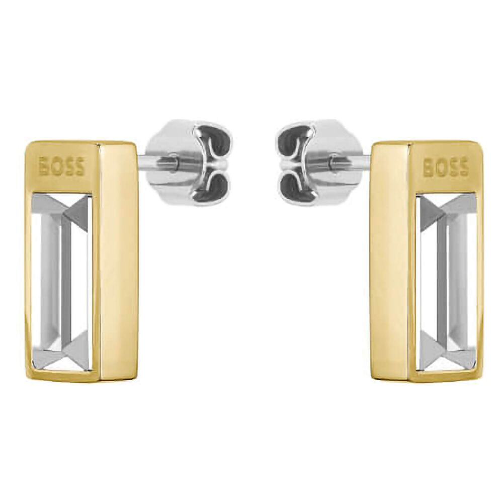 Ladies BOSS Clia Light Yellow Gold IP Crystal Baguette Earrings image number 0