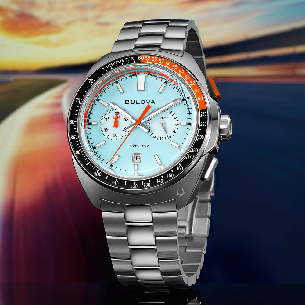 Bulova Racer Chronograph 42mm Blue Dial Black & Orange Bezel Steel Bracelet Watch image number 4