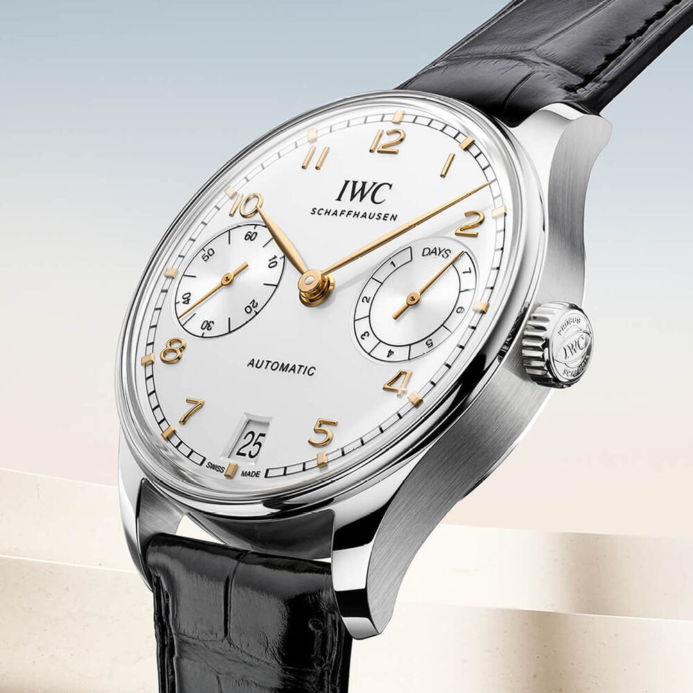 IWC Schaffhausen Portugieser Automatic 42 Silver Moon Dial Black Alligator Leather Strap Watch image number 5