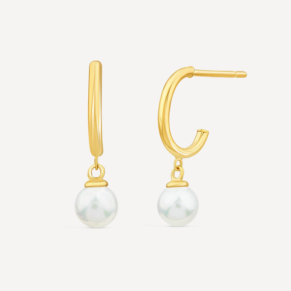 9ct Yellow Gold Hoop Pearl Drop Earrings