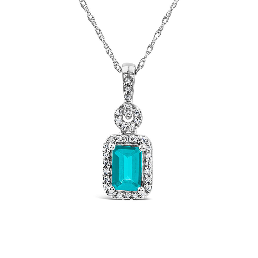 9ct White Gold Rectangular Blue Topaz & 0.10ct Diamond Halo Pendant