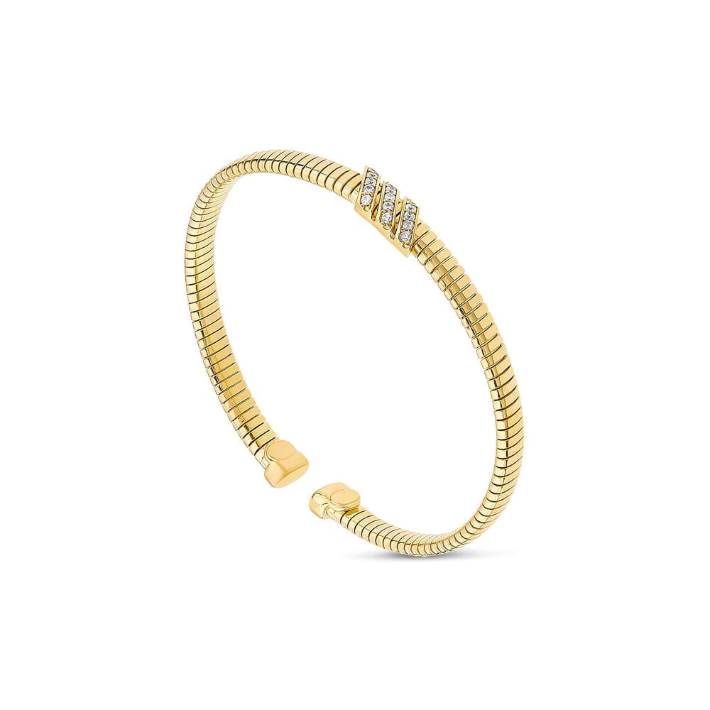 Yellow Gold Plated Sterling Silver Three Bar Cubic Zirconia Centre Ribbed Bangle