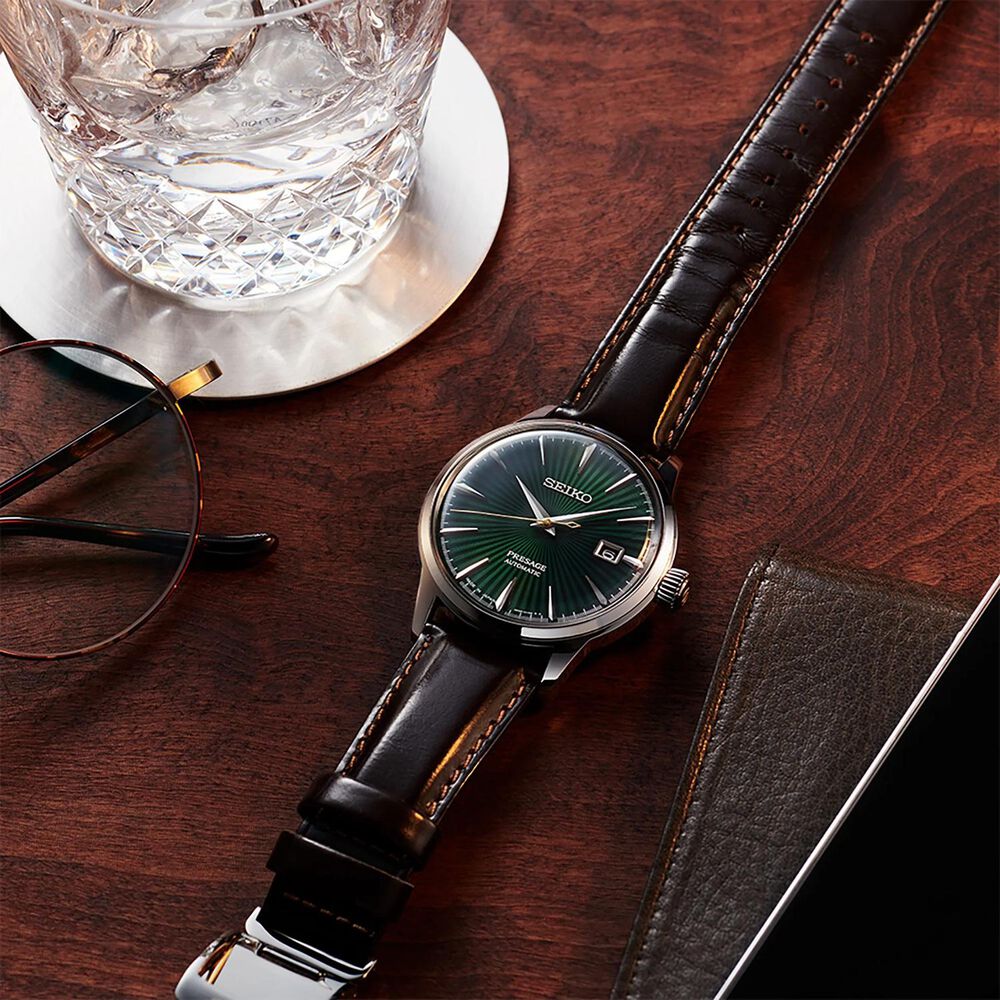 Seiko Presage Cocktail Time &lsquo;Mockingbird&rsquo; 40.5mm Green Dial Brown Leather Strap Watch
