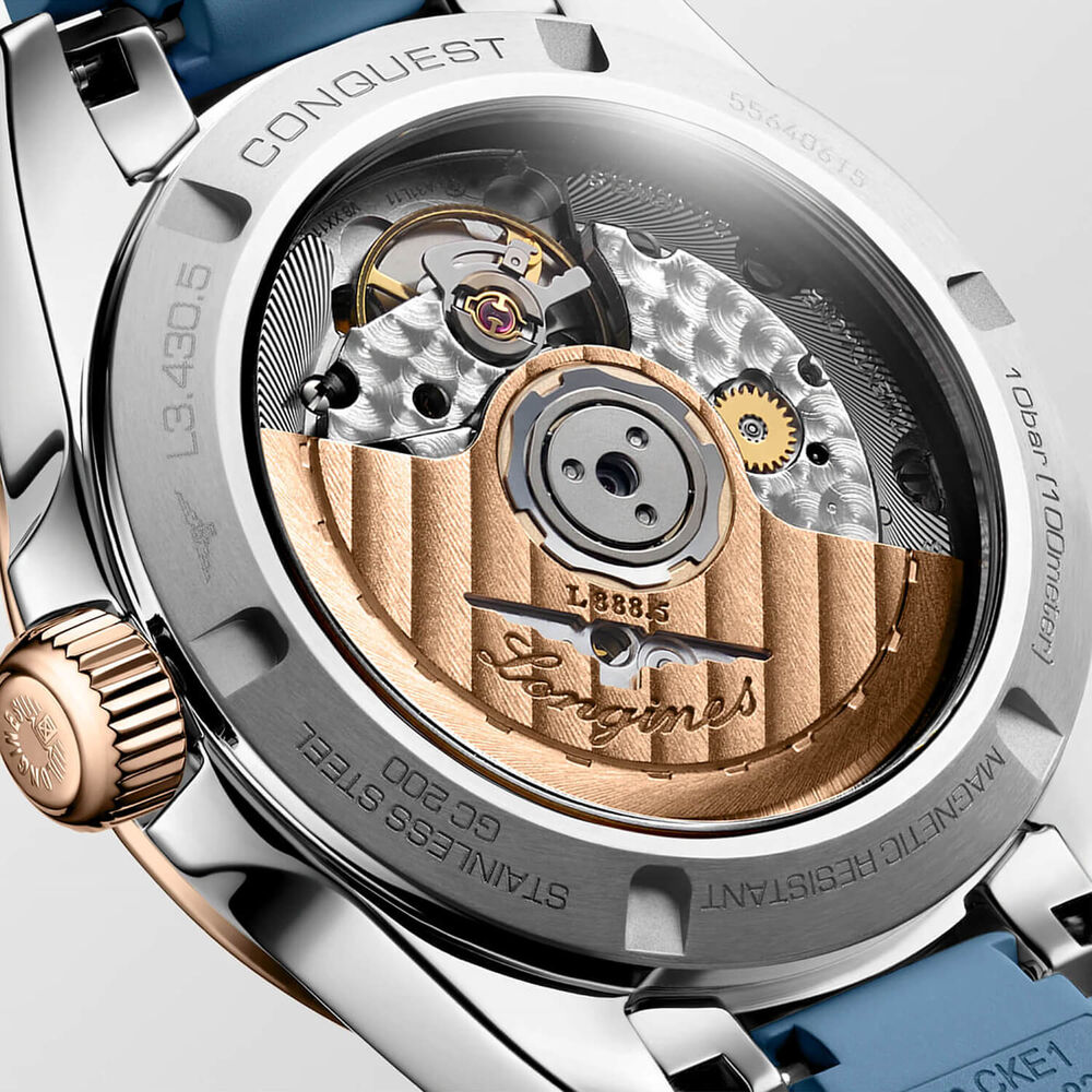 Longines Conquest 34mm Blue Dial Rose Gold Bezel Rubber Strap Watch image number 4