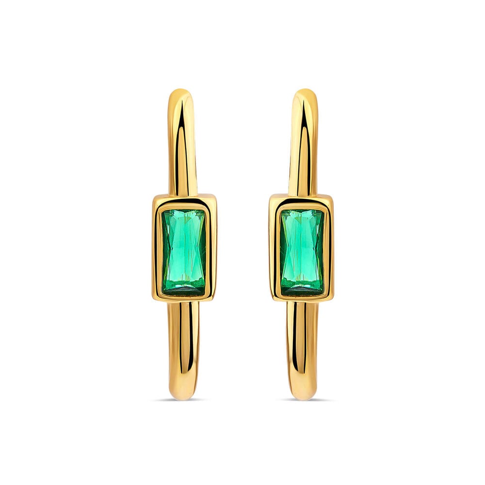 Yellow Gold Plated Sterling Silver Rectangular Green Stone Rectangular Hoop Earrings image number 0