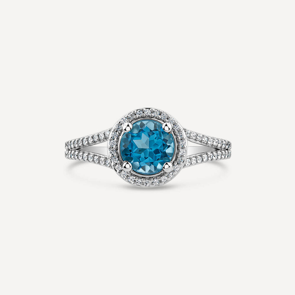 9ct White Gold London Blue Topaz & 0.16ct Round Halo Diamond Split Shoulders Ring