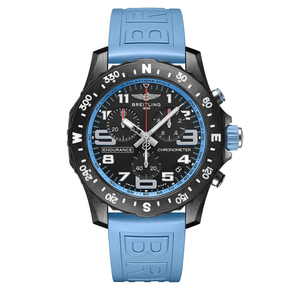 Breitling Endurance Pro 44mm Black Turquoise Detail Dial Light Blue Strap Watch