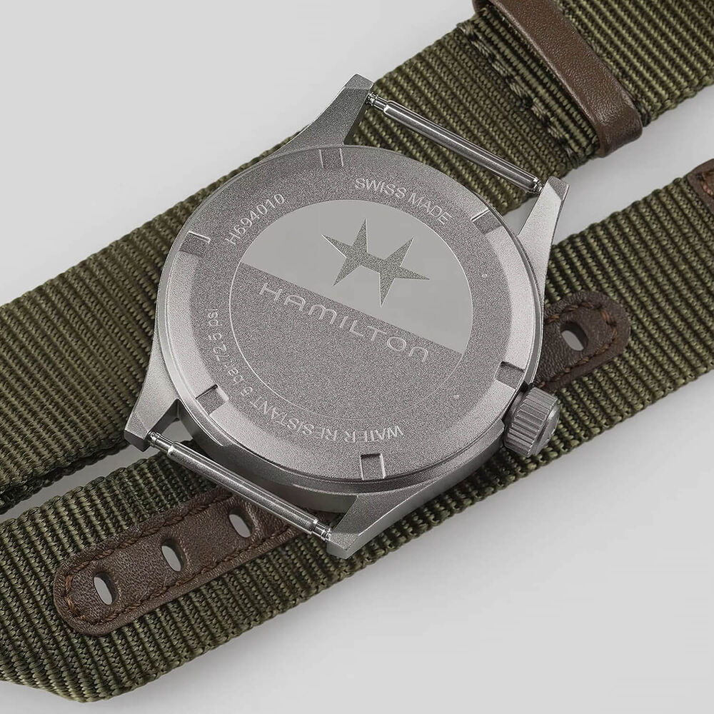 Hamilton Khaki Field Quartz 38mm White Dial Steel Case Green Strap Watch image number 5
