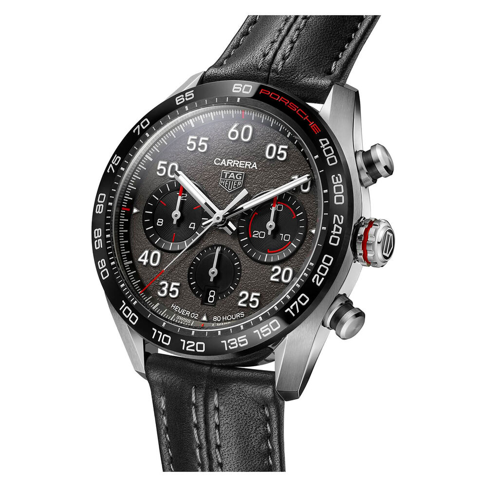TAG Heuer Carrera Chronograph x Porsche 44mm Black Dial & Bezel Leather Strap Watch image number 2