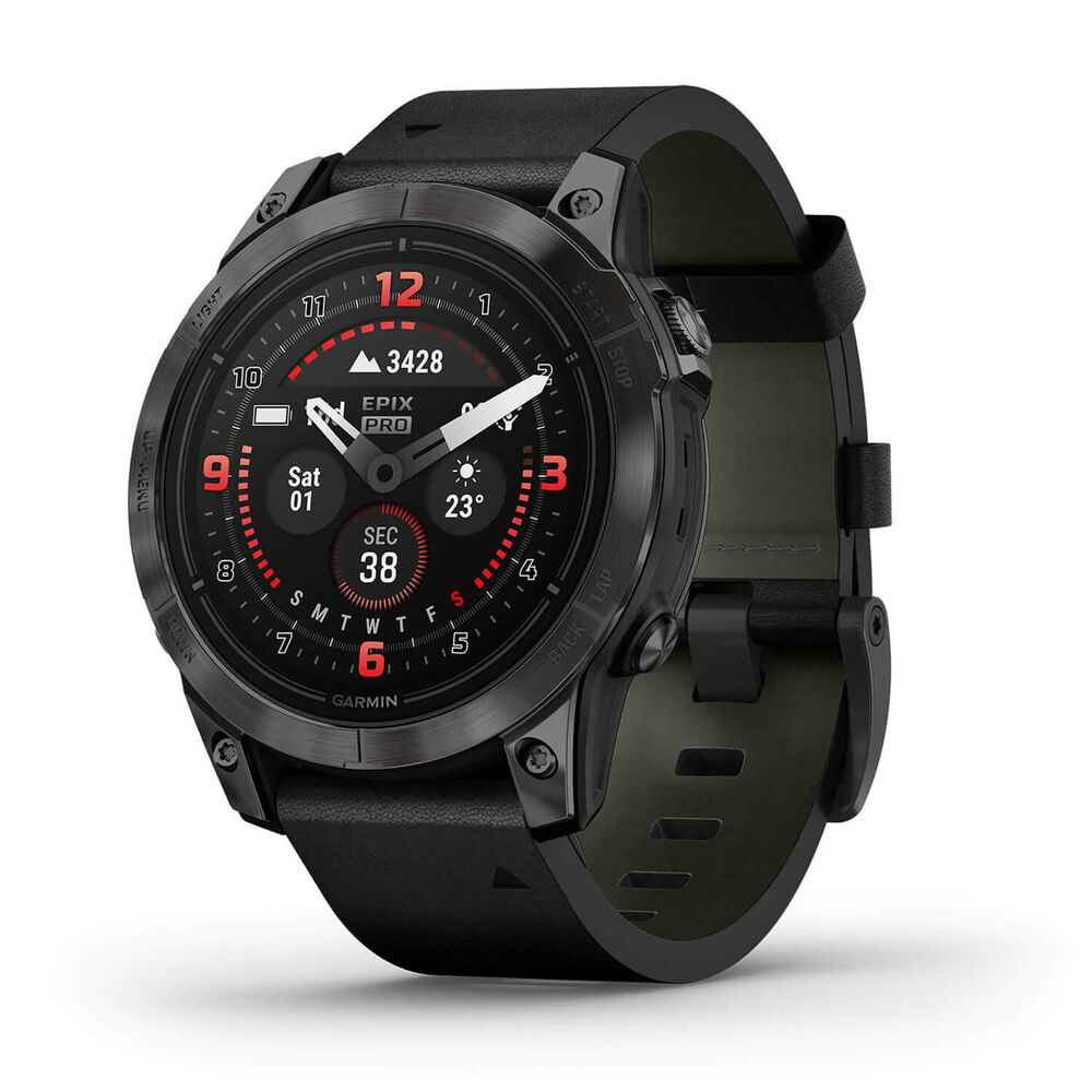 Garmin Epix Pro Gen 2 Sapphire 47mm Carbon Grey DLC Titanium Case Black Leather Strap Watch image number 2